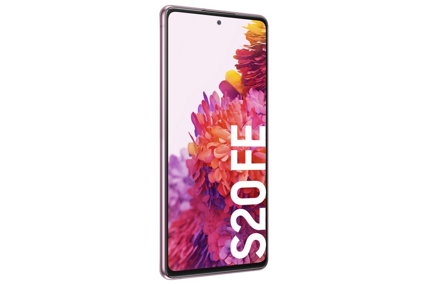 Teléfono Samsung S20 FE rosa, en ángulo, con fondo de pantalla floral.