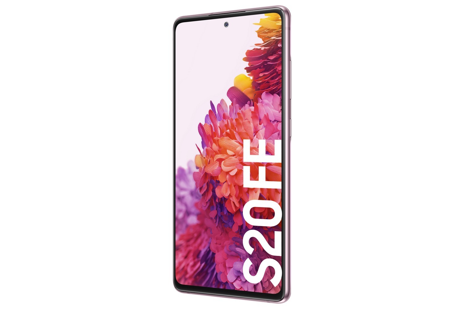 Un smartphone en ángulo, con la pantalla que muestra las palabras 'S20 FE'.