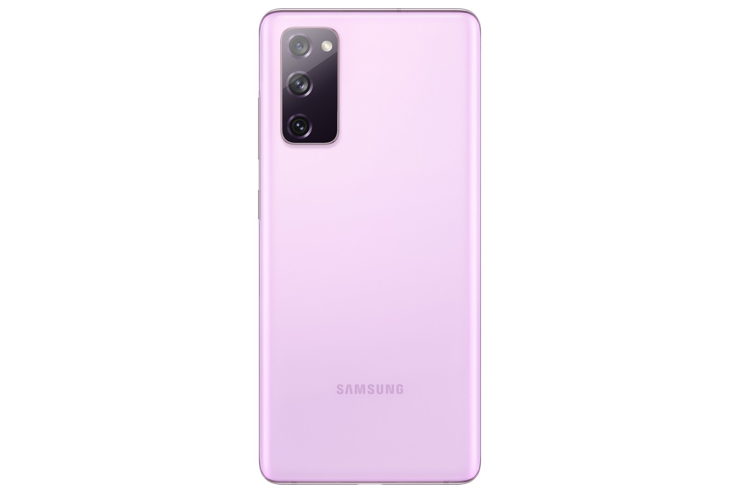 Teléfono Samsung rosa. Vista trasera. Tres cámaras. Logotipo de Samsung abajo.
