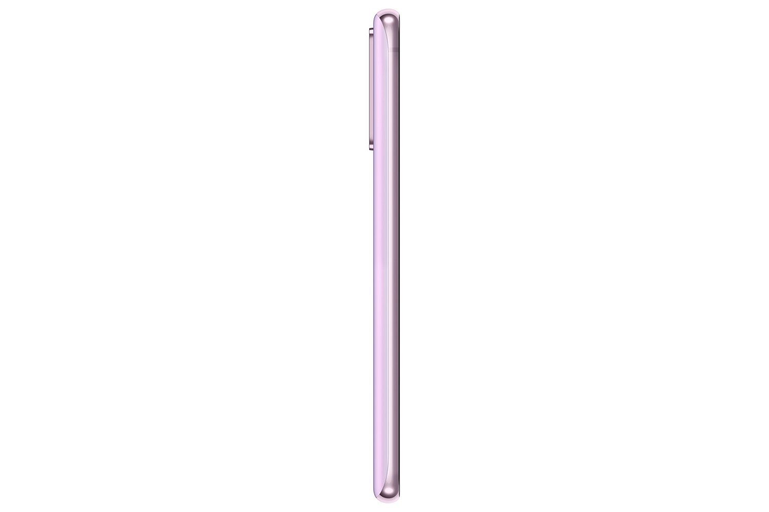 Vista lateral de un teléfono rosa con protuberancia de cámara, sobre fondo blanco.