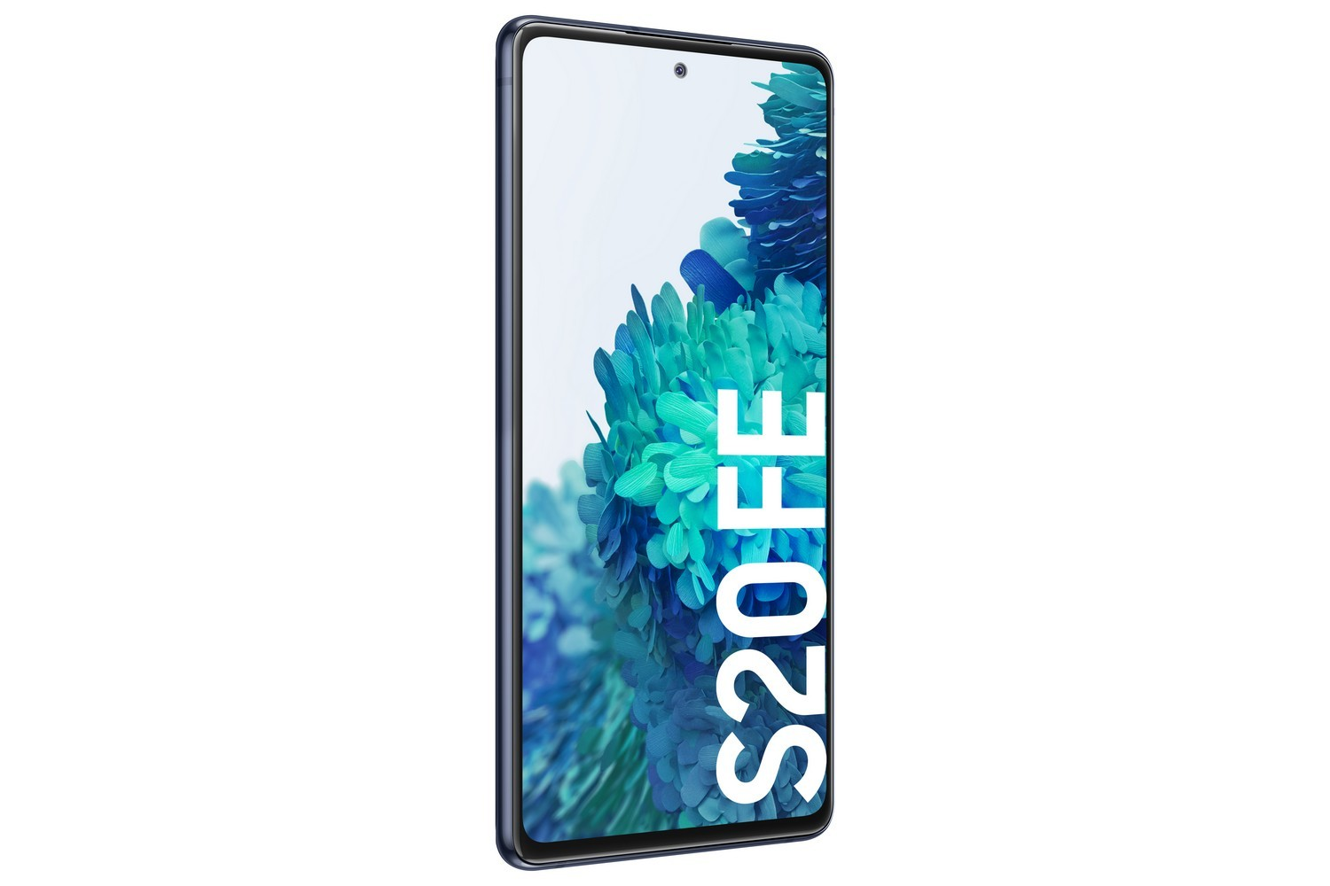 Teléfono Samsung S20 FE azul, en ángulo, con fondo de pantalla floral.