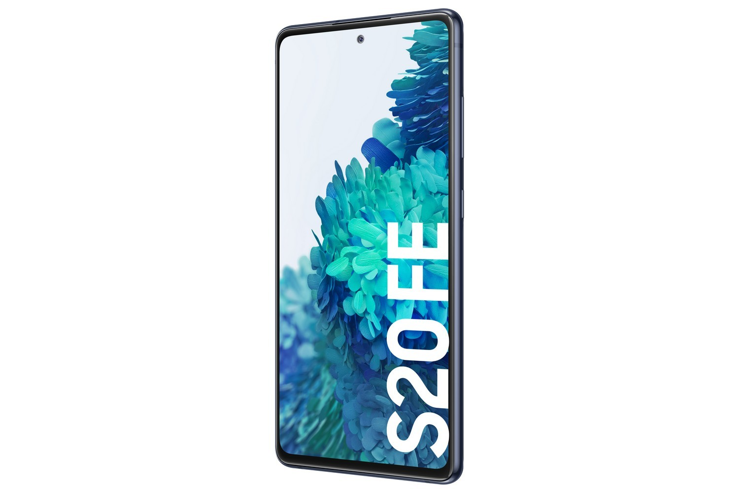 Un teléfono inteligente negro con el texto 'S20 FE' en blanco en la pantalla, fondo blanco.