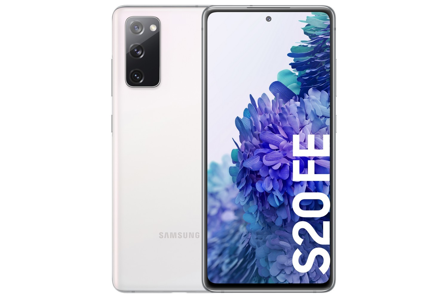 Teléfono Samsung S20 FE blanco, mostrando la parte trasera con cámaras y la pantalla frontal con flores.