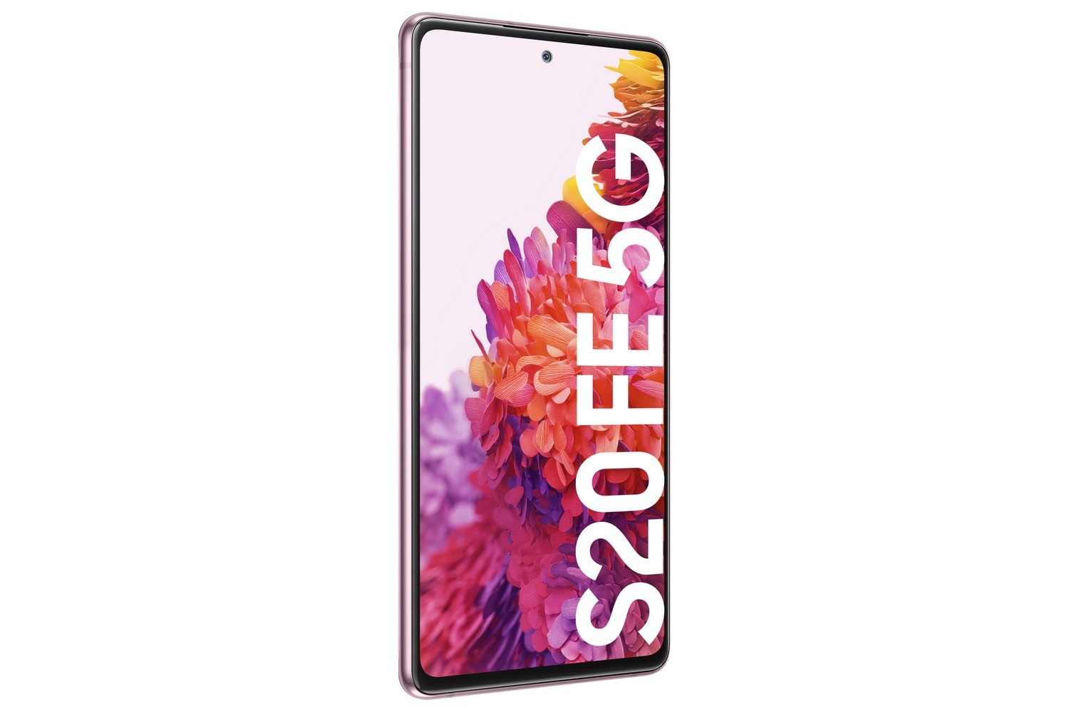 Un teléfono rosa Samsung S20 FE 5G con fondo floral.