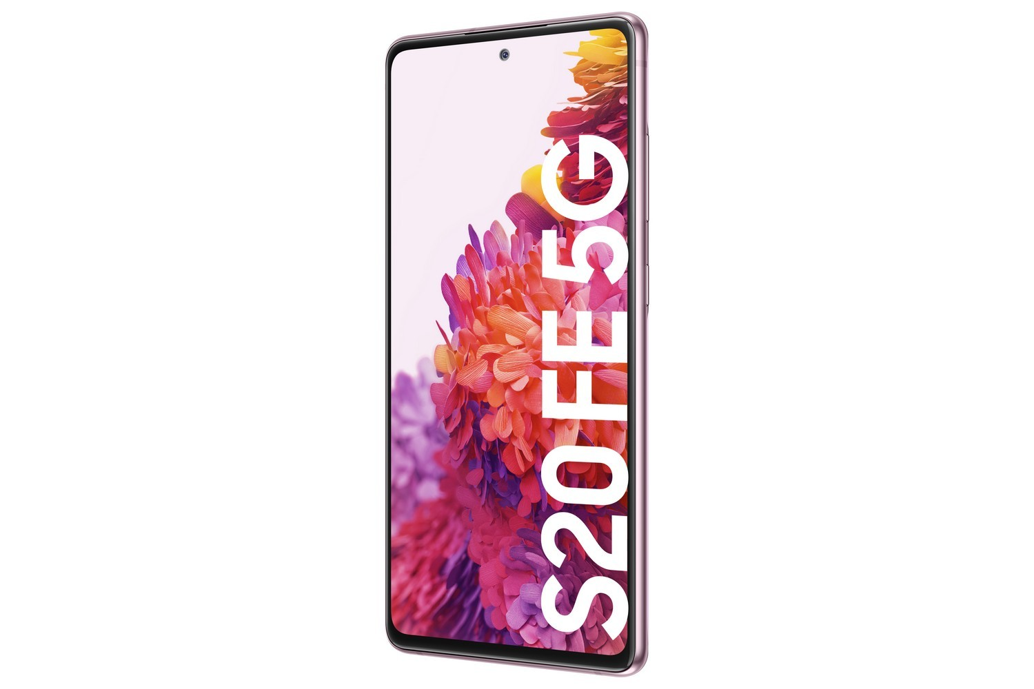 Teléfono Samsung S20 FE 5G rosa, en ángulo, con fondo de pantalla floral.