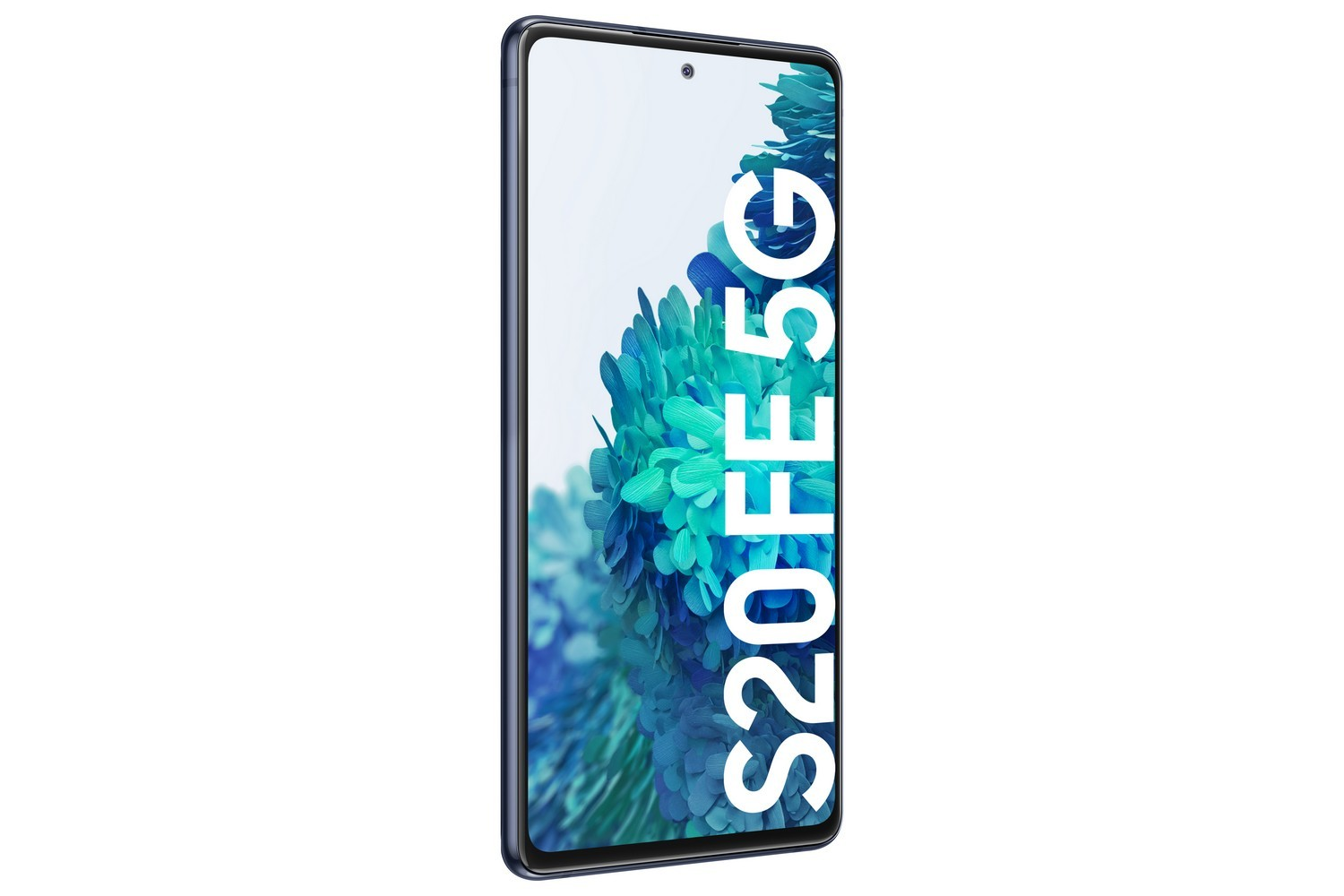Teléfono Samsung S20 FE 5G en ángulo con fondo floral azul en la pantalla.