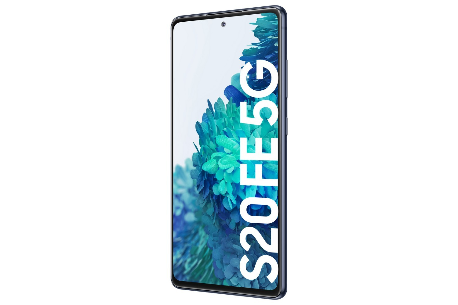Un teléfono inteligente con una pantalla que muestra un fondo floral azul y el texto "S20 FE 5G".