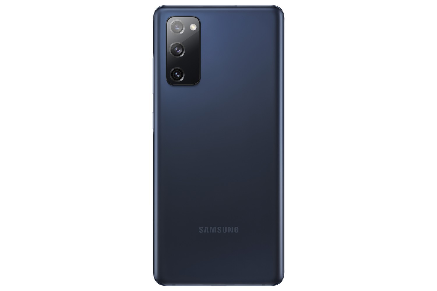 Un teléfono Samsung Galaxy azul oscuro, se muestra la parte trasera del teléfono.
