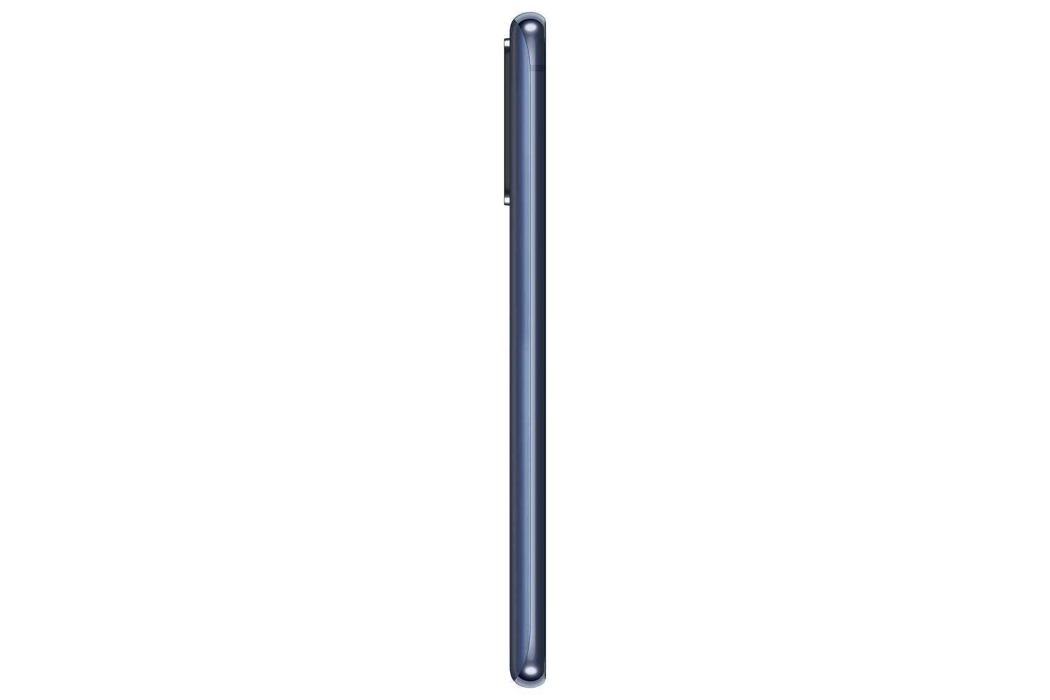 Un teléfono inteligente delgado, azul oscuro, está en posición vertical, centrado en blanco.