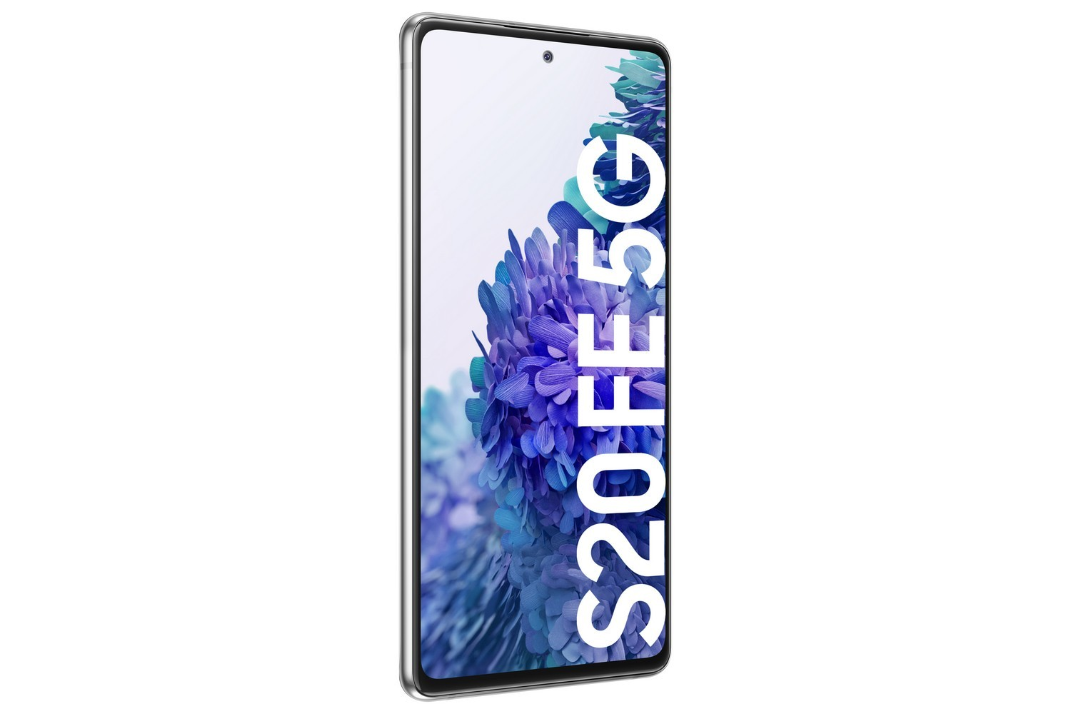 Smartphone con pantalla que muestra un patrón floral. El teléfono es plateado y tiene un logo 5G.