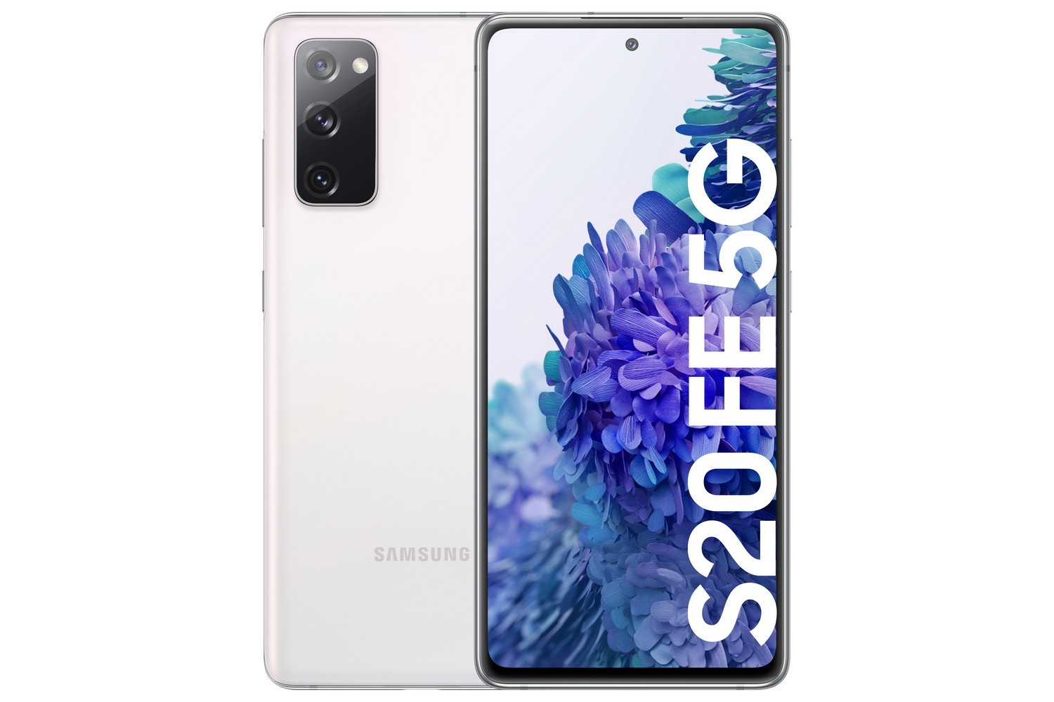 Teléfono Samsung S20 FE 5G blanco, vista frontal y trasera.