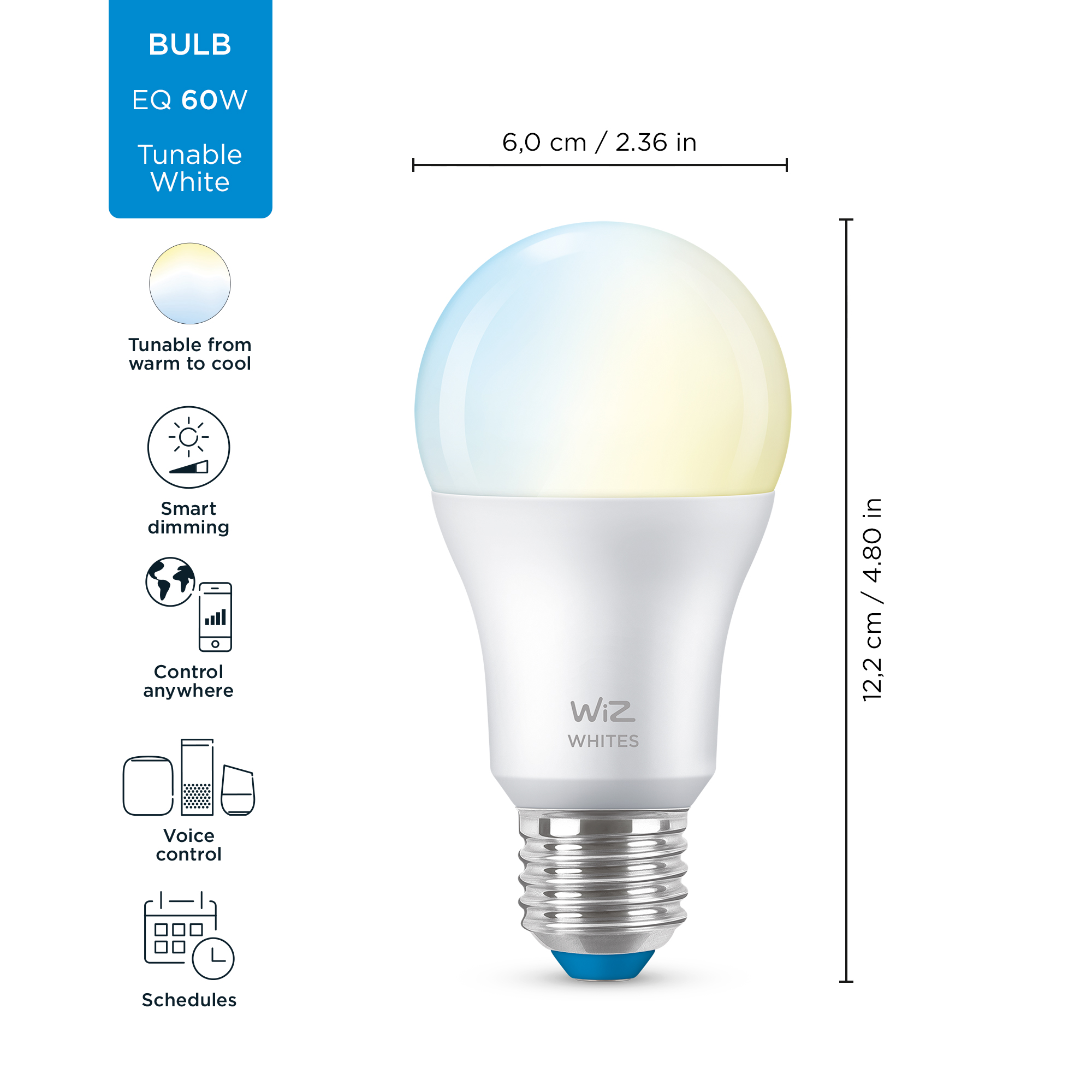Bombilla inteligente - WIZ LED A60, 2 piezas, 60W, E27, 806 lm, 2700-6500K, Wifi, Alexa, Siri, Control por voz