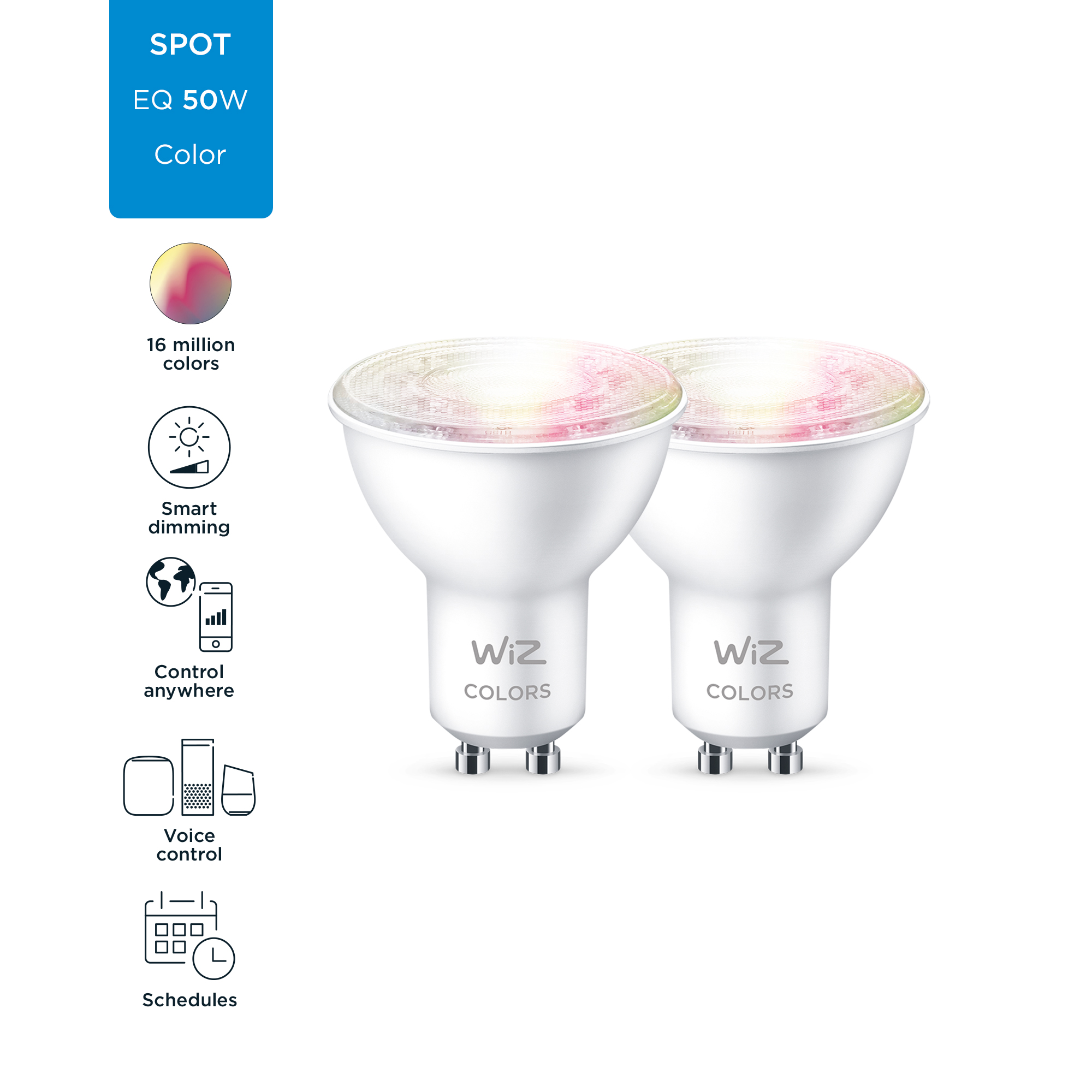 Bombilla inteligente - WIZ GU10, 2 piezas, 50W, 345 lm, 2200-6500K, Wifi, Alexa, Siri, Control por voz