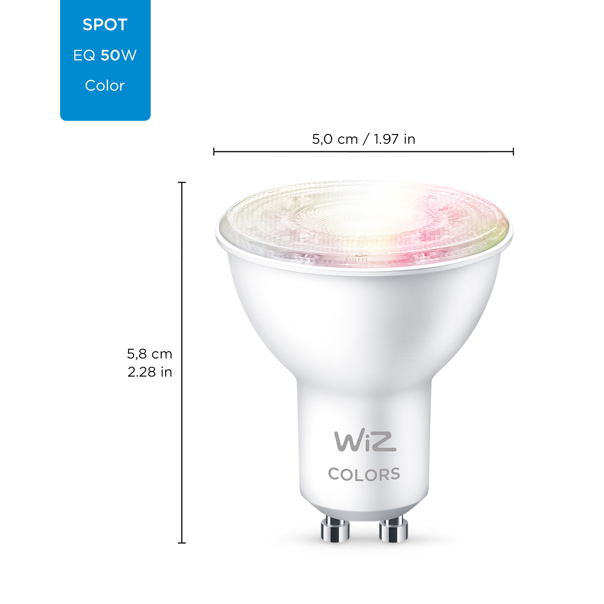Bombilla inteligente - WIZ GU10, 2 piezas, 50W, 345 lm, 2200-6500K, Wifi, Alexa, Siri, Control por voz