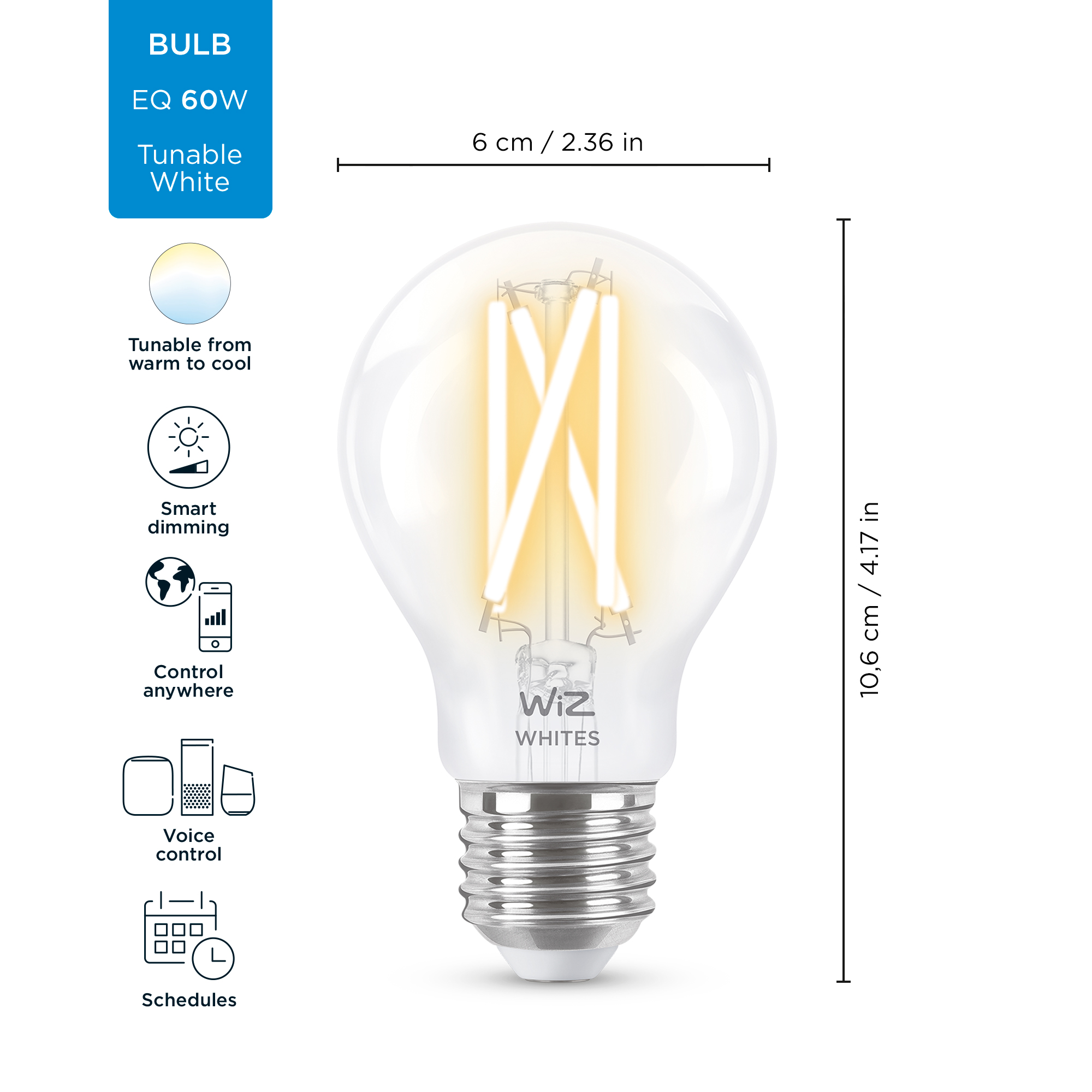 Bombilla inteligente - WIZ Filamento Vintage A60, 60W, E27, 806 lm, Pack de 2, Alexa, Siri, 2700-6500K, Blanco