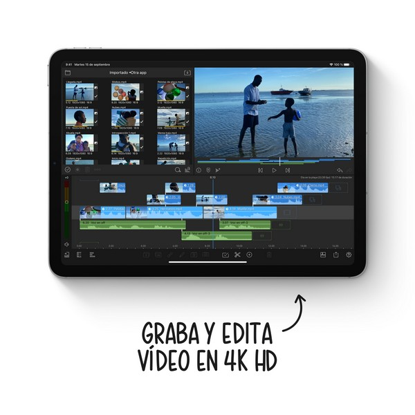 Tableta que muestra una aplicación de edición de video con clips de video y línea de tiempo. Texto: Graba y edita video en 4K HD.
