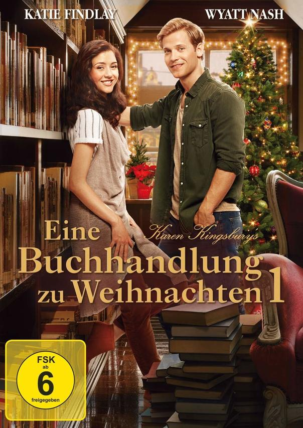 Ein DVD-Cover mit einem Paar in einer Bibliothek. Ein Weihnachtsbaum ist im Hintergrund.