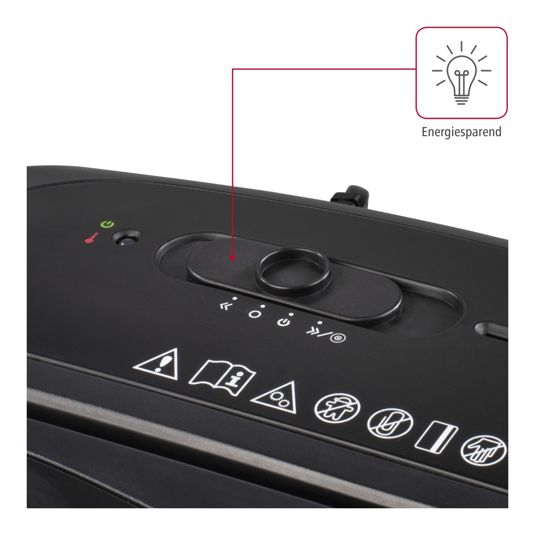 Nahaufnahme eines schwarzen Aktenvernichter-Bedienfelds mit Knöpfen und Symbolen, Glühbirnen-Symbol mit Text.