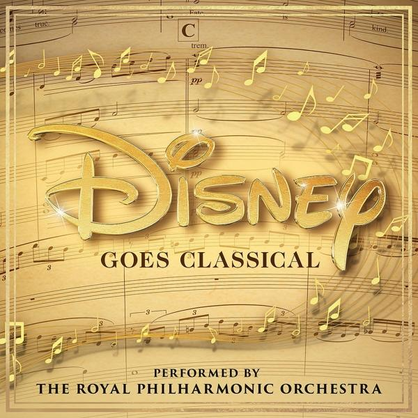 Album borító: Disney goes classical, hangjegyekkel és arany 'Disney' logóval.