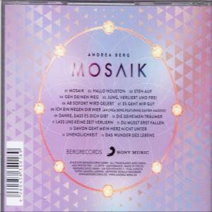 CD-Cover mit Titel 'MOSAIK' und Künstlerin Andrea Berg. Kreisförmiges Design mit Songtiteln. Hintergrund ist lila und geometrisch.