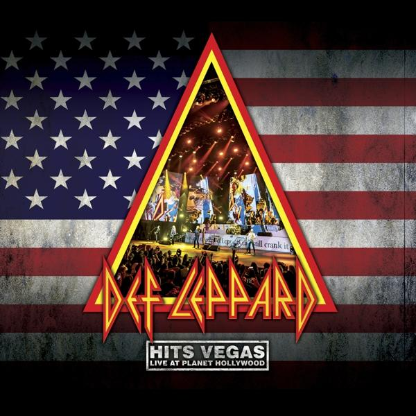 Couverture de l'album Def Leppard avec fond du drapeau américain, un triangle avec une scène à l'intérieur et le logo Def Leppard.