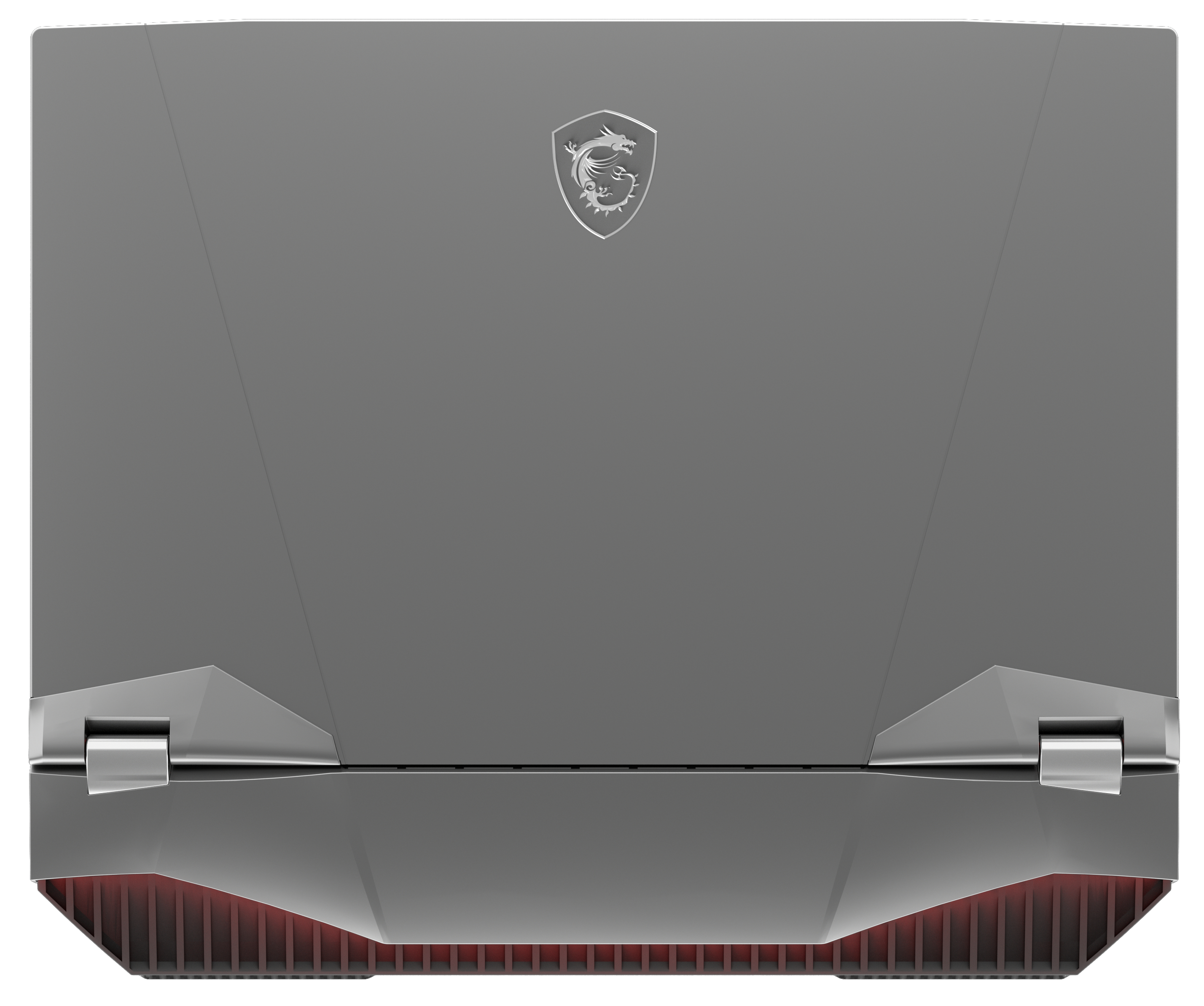 Draufsicht auf einen grauen Laptop mit dem MSI-Logo, Rückseite des Geräts.