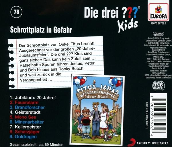 Rückseite der Die drei ??? Kids CD, mit Text, Illustrationen von Kindern und einer Cartoon-Szene.
