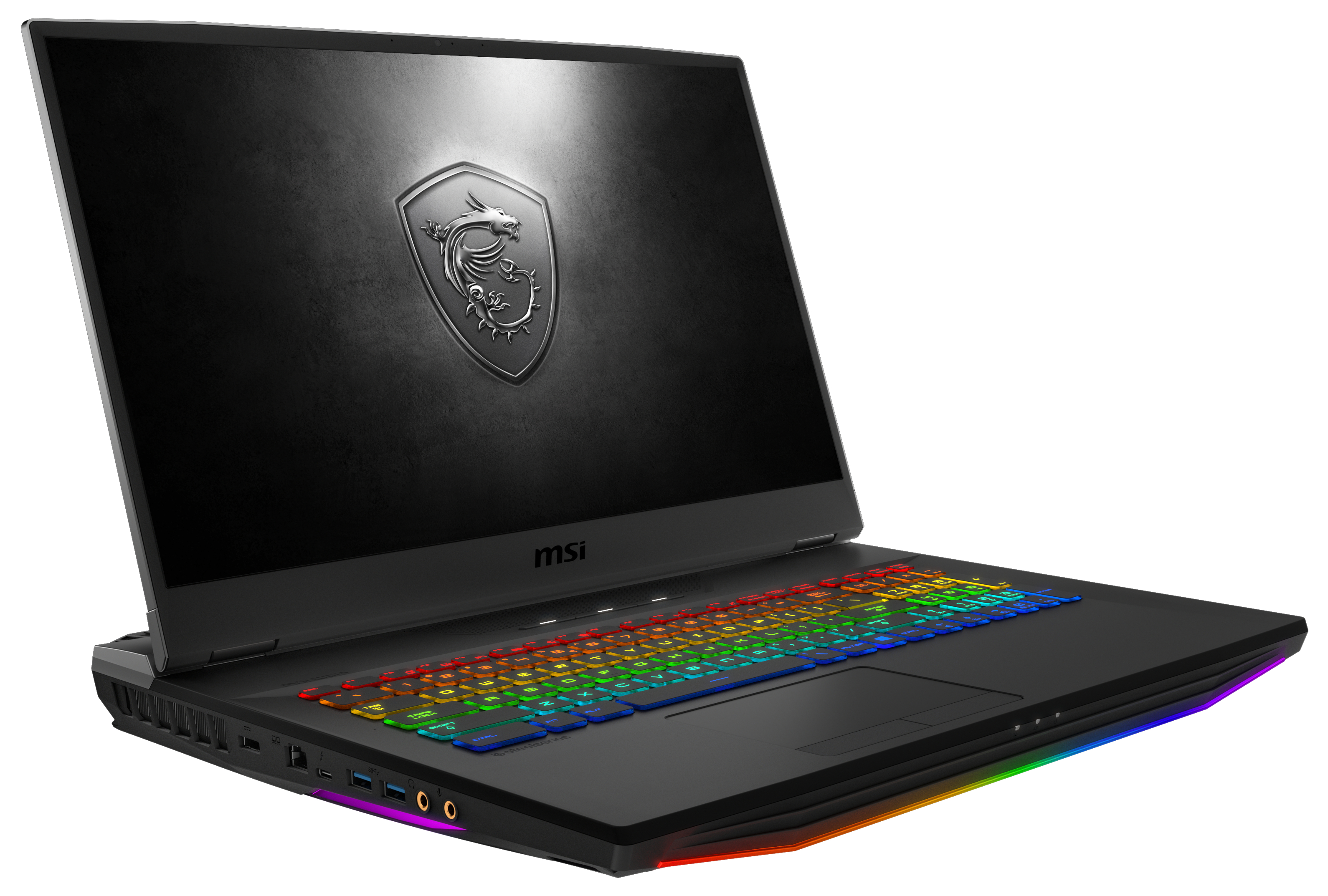 Schwarzer Gaming-Laptop mit bunter Tastatur und MSI-Logo.