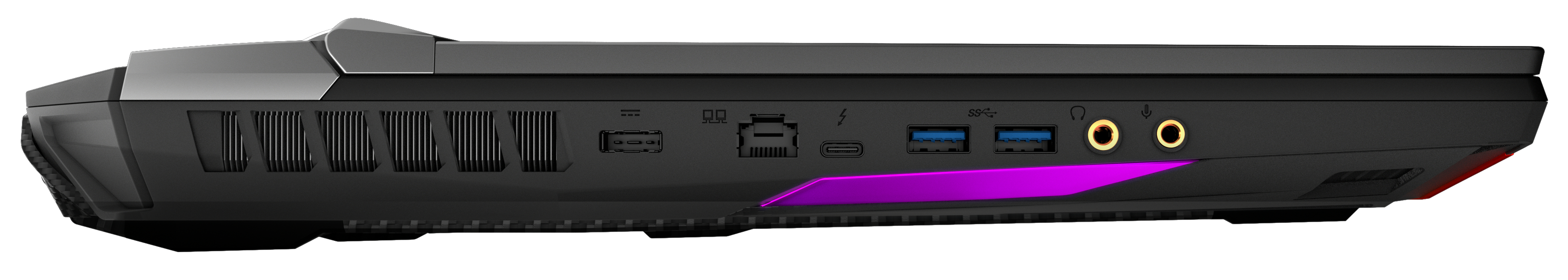 Seitenansicht eines schwarzen Gaming-Laptops mit Anschlüssen, einschließlich USB und Audiobuchsen, und einem lila Akzent.
