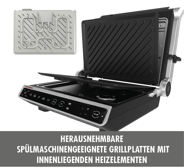 Geöffneter Grill mit herausnehmbaren Grillplatten und Text auf Deutsch.