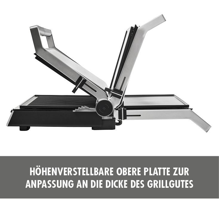 Grill mit verstellbarer oberer Platte, schwarz und silber, auf weißem Hintergrund.