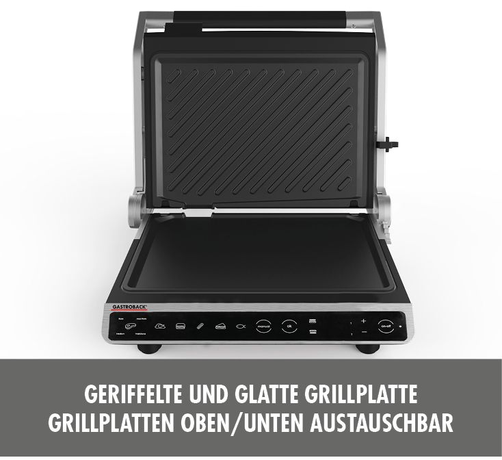 Offener Gastrobac-Grill mit offenen Grillplatten, Text unten.