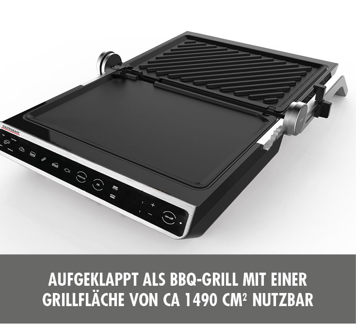 Ein offener schwarzer Grill mit Bedienknöpfen und dem Text 'AUFGEKLAPPT ALS BBQ-GRILL'.