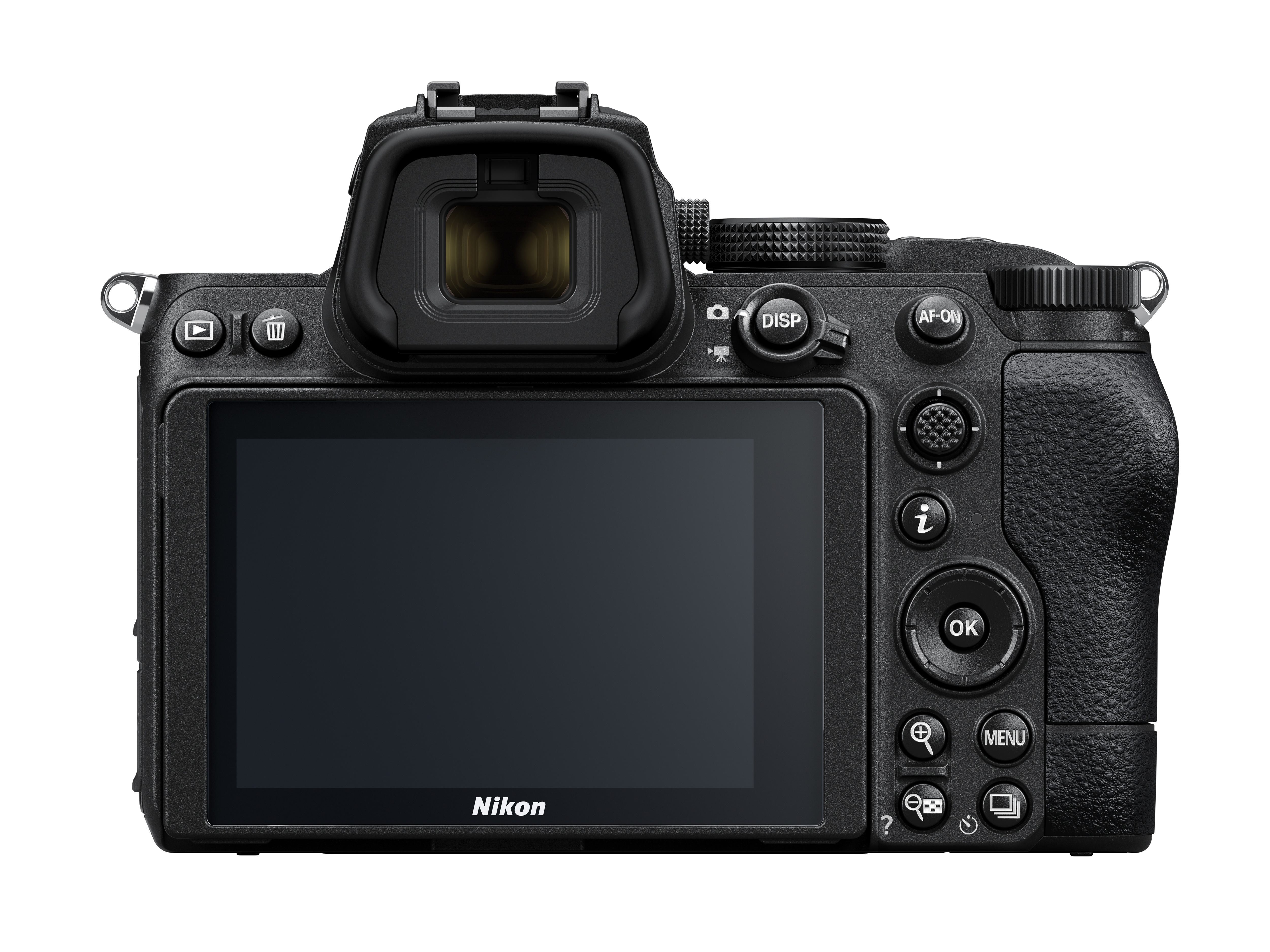 Rückseite einer schwarzen Nikon-Kamera. Display, Knöpfe und Sucher sichtbar.