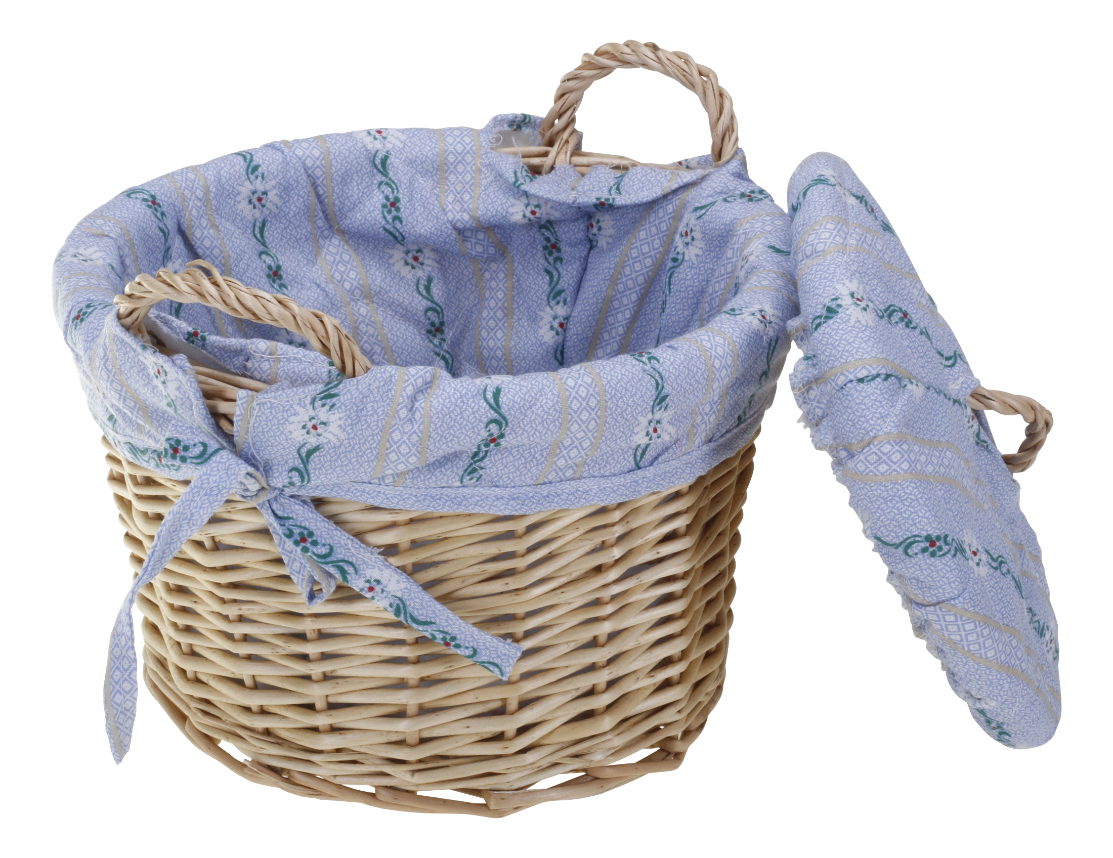 Panier en osier avec une doublure florale bleue et un couvercle.