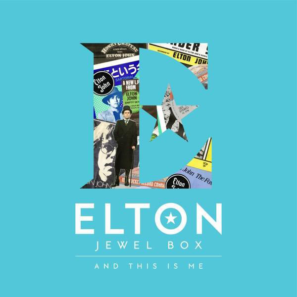 Elton-John-Collage in Form eines „E“ mit dem Text „Elton Jewel Box“. Blauer Hintergrund.