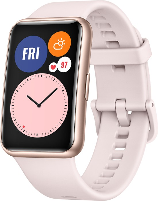 Rosa Huawei-Smartwatch mit rosa Armband, Winkelansicht mit Datums- und Zeitanzeige.