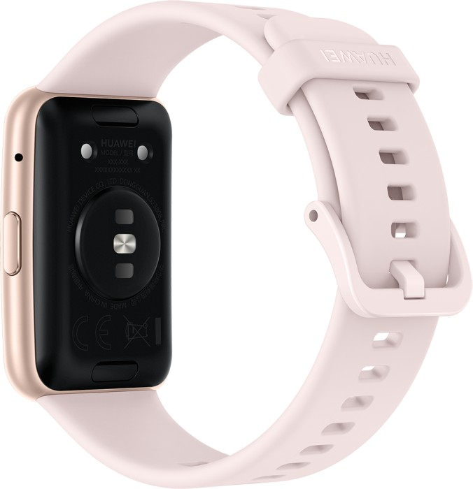 Nahaufnahme einer rosa-goldenen Smartwatch mit der Rückseite zum Betrachter.