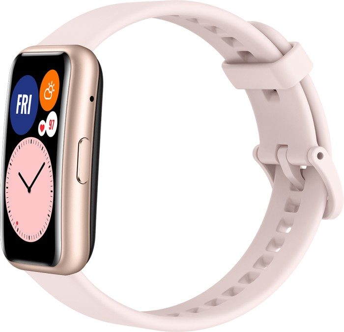 Rosa Huawei-Smartwatch mit rosa Armband, Seitenansicht mit Datums- und Zeitanzeige.