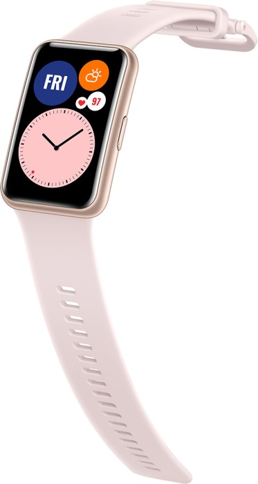Rosafarbene Huawei Smartwatch mit goldenem Rahmen, weißer Hintergrund.
