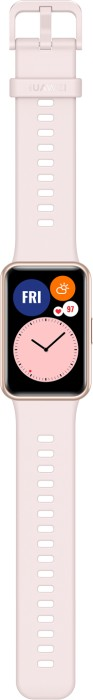 Rosa Smartwatch mit rosa Armband. Das Zifferblatt zeigt die Uhrzeit und den Tag.