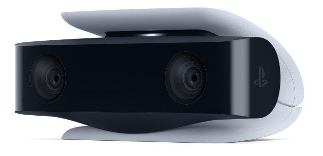 Una cámara PlayStation 5 en blanco y negro con dos lentes y un logotipo de PlayStation.