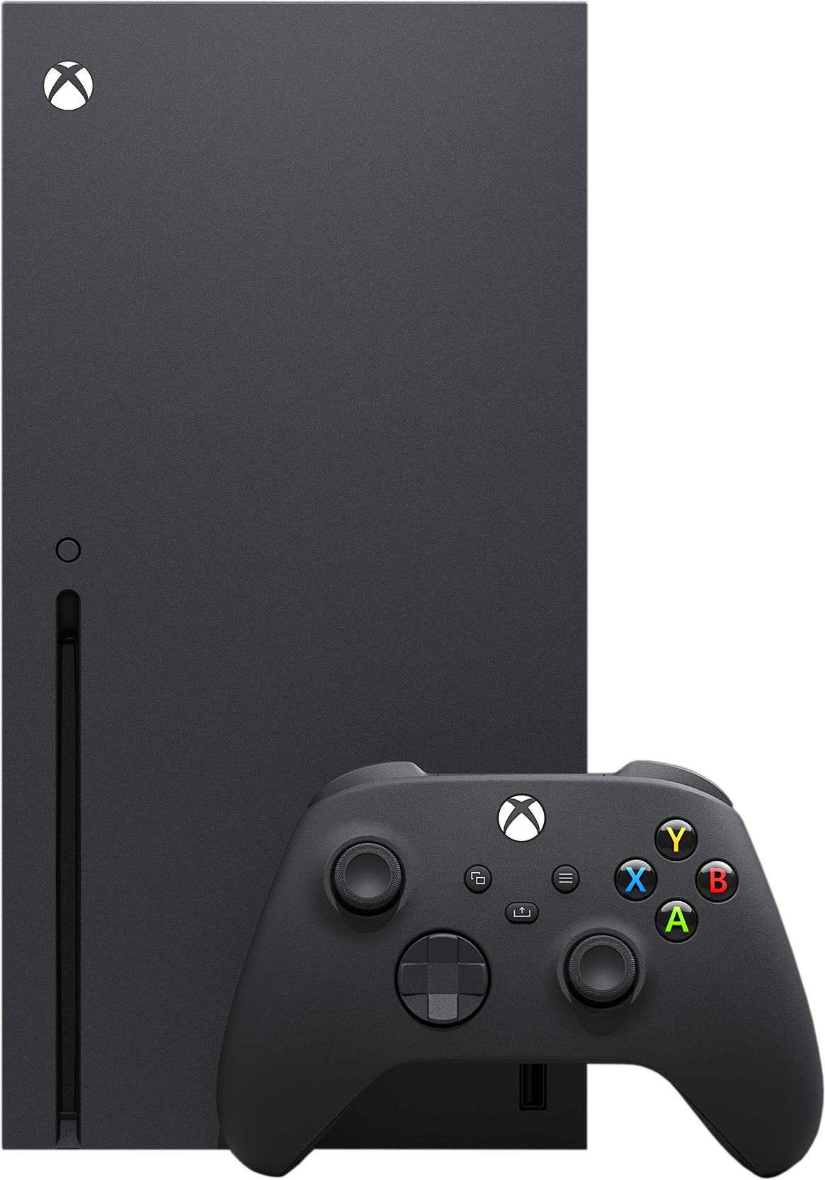 Console Xbox Series X nera e controller. Sfondo bianco.