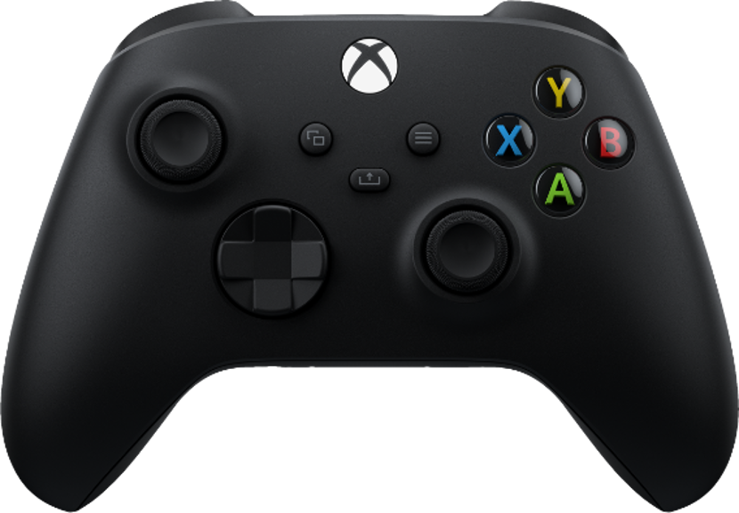 Un controller Xbox nero con pulsanti colorati e un logo bianco.