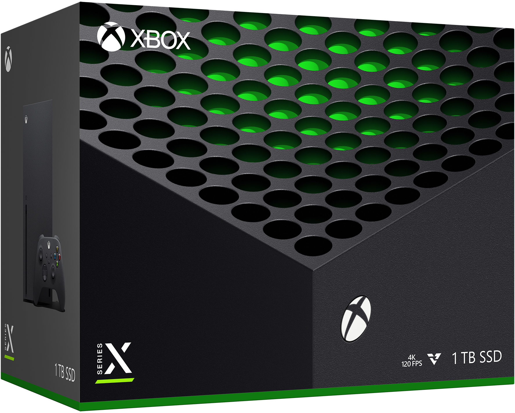 Scatola nera Xbox Series X con console e controller visibili, vista frontale.