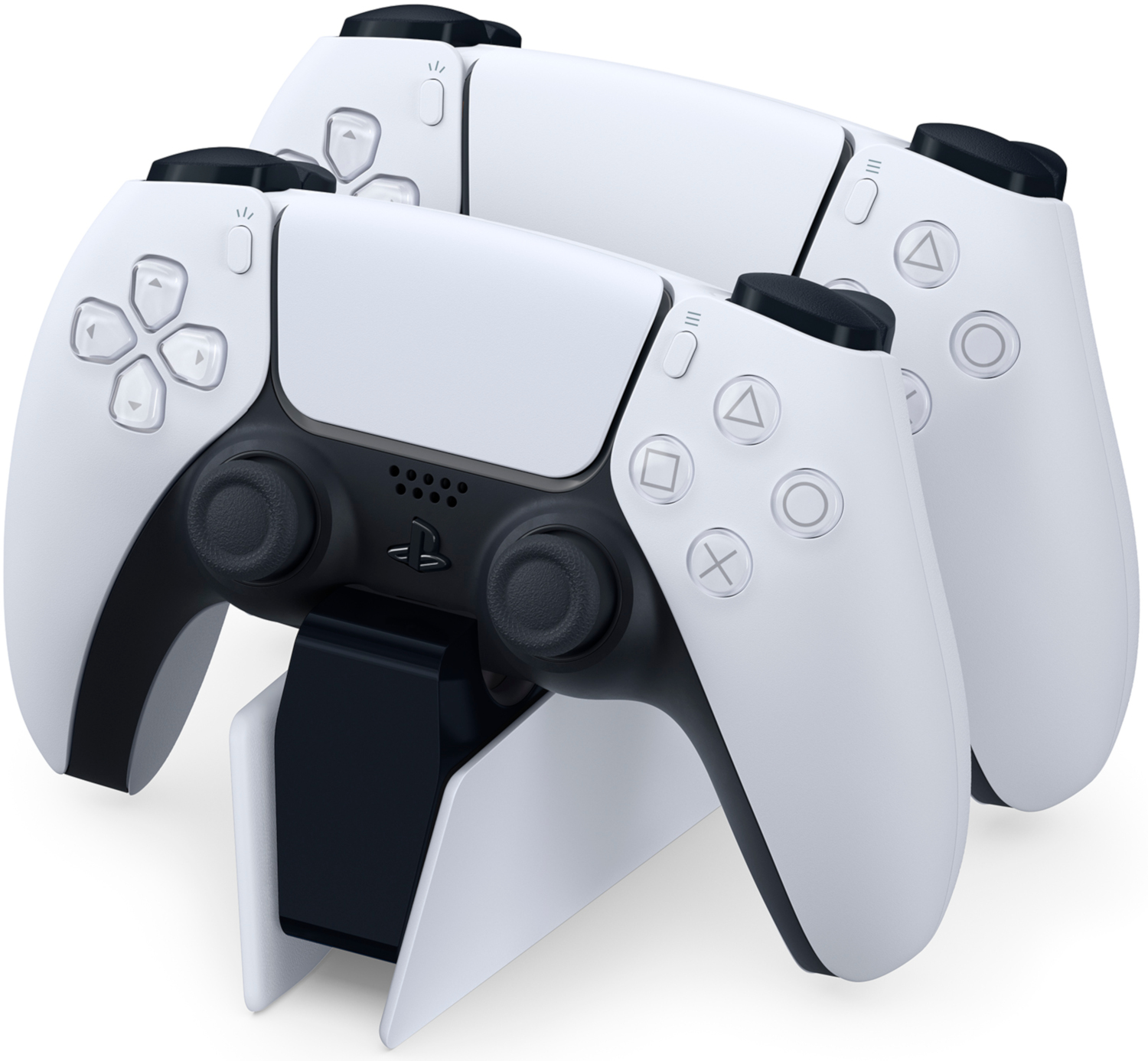 Two white PS5 game controllers and a stand.