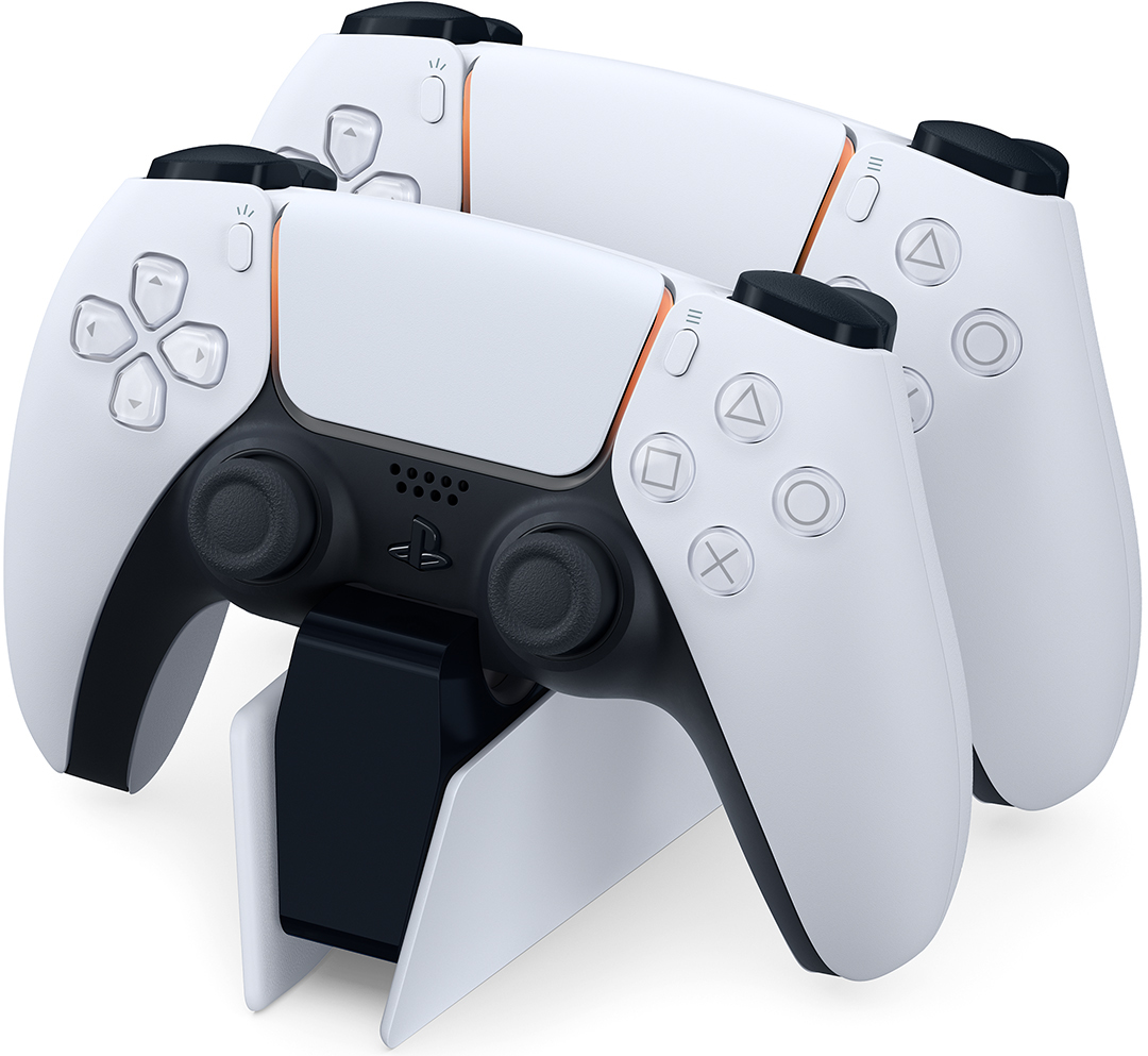 Two white PlayStation 5 controllers on a white charger.