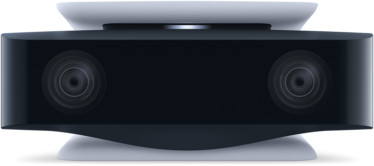A black and white PS5 camera with two lens, white base.