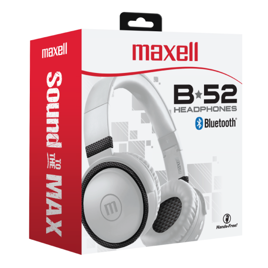 Fehér Maxell B*52 fejhallgató egy dobozban. A doboz fehér, piros betétekkel és a 'Sound to the MAX' felirattal.