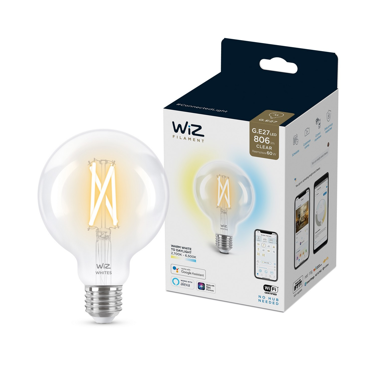 Bombilla inteligente - Wiz Whites WF-BT 60 G95, 60W, WiFi, Luz regulable, Sin HUB, LED, Control de voz, App
